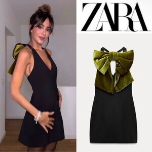 ZARA Black Dress with Green Velvet Bow